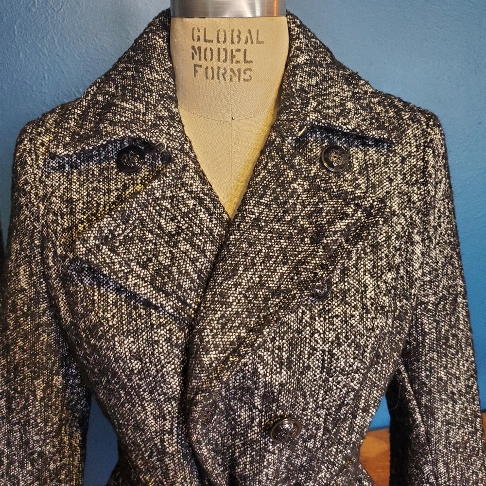 INC International Concepts Black and White Tweed Double Breasted Trench Coat NWT